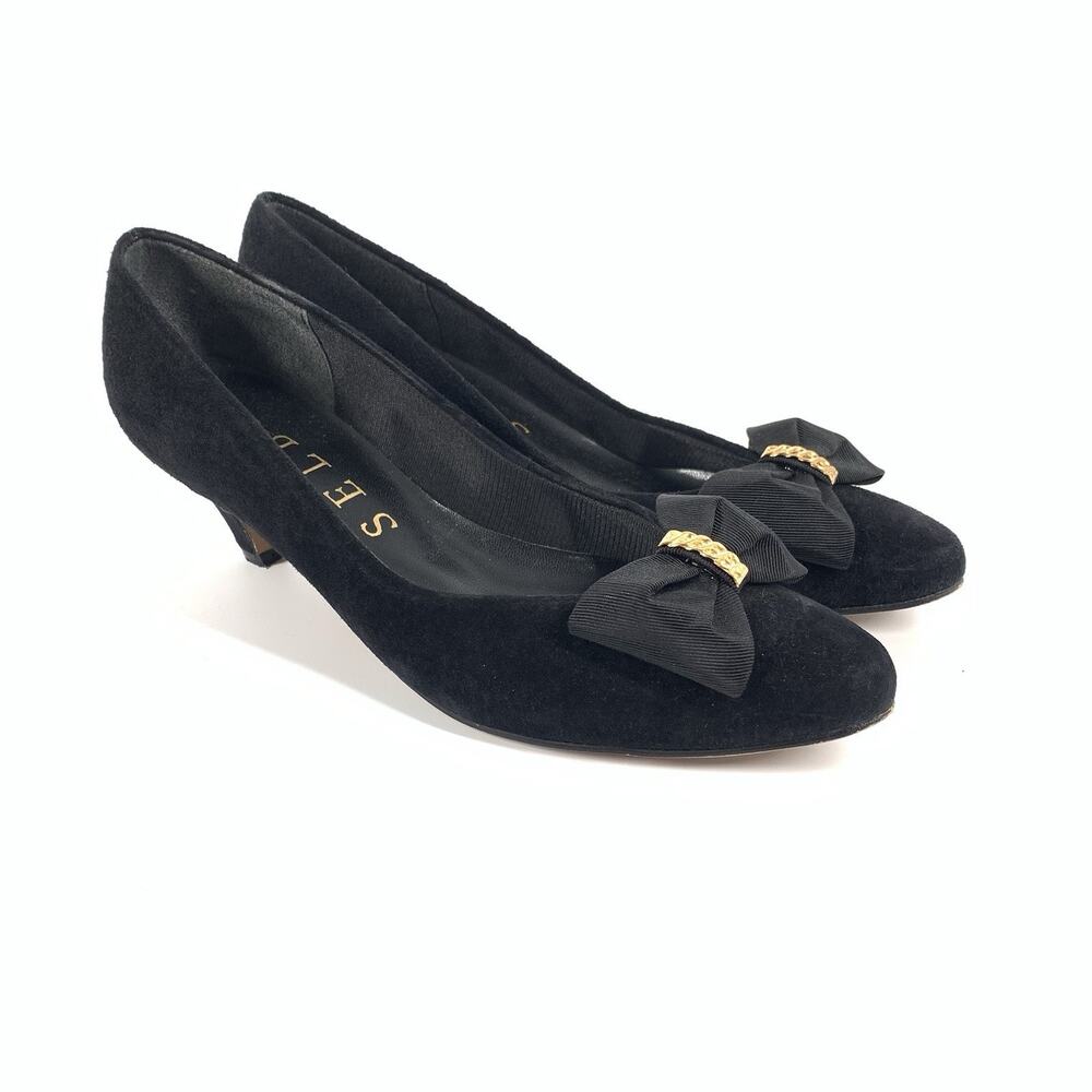 Vintage 1980s Selby Bow Toe Kitten Low Heels Pumps 7.5 Extra Narrow Black Gold